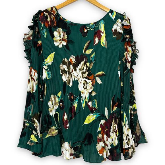 Melissa Paige Pleated Floral Blouse Top Cold Shoulder Ruffle Sleeve Green Small - Picture 6 of 8